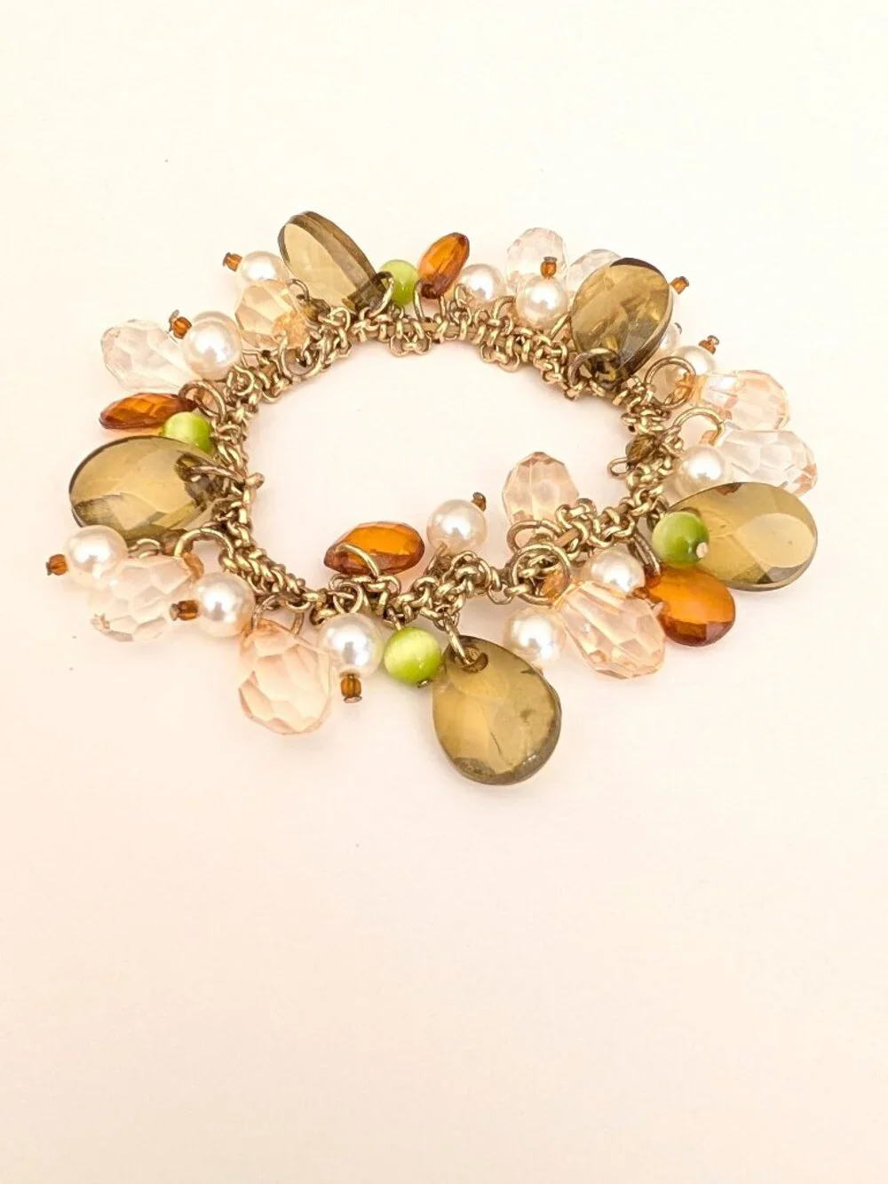 Pale green, orange, faux pearl stretch bracelet